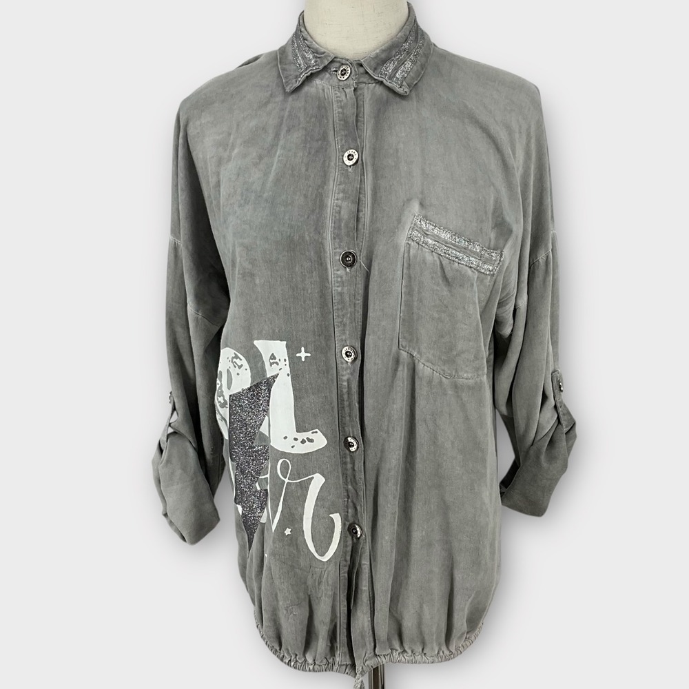 Made in Italy Girl Power Graphic Button Down Shirt Grey Shabby Chic Tunic M